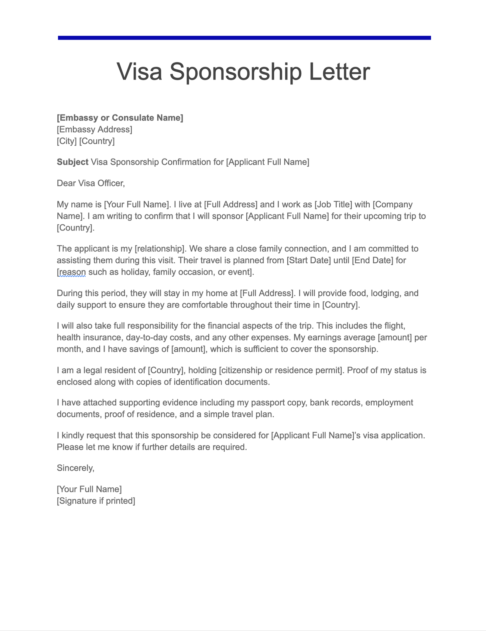 Visa Sponsorship Letter