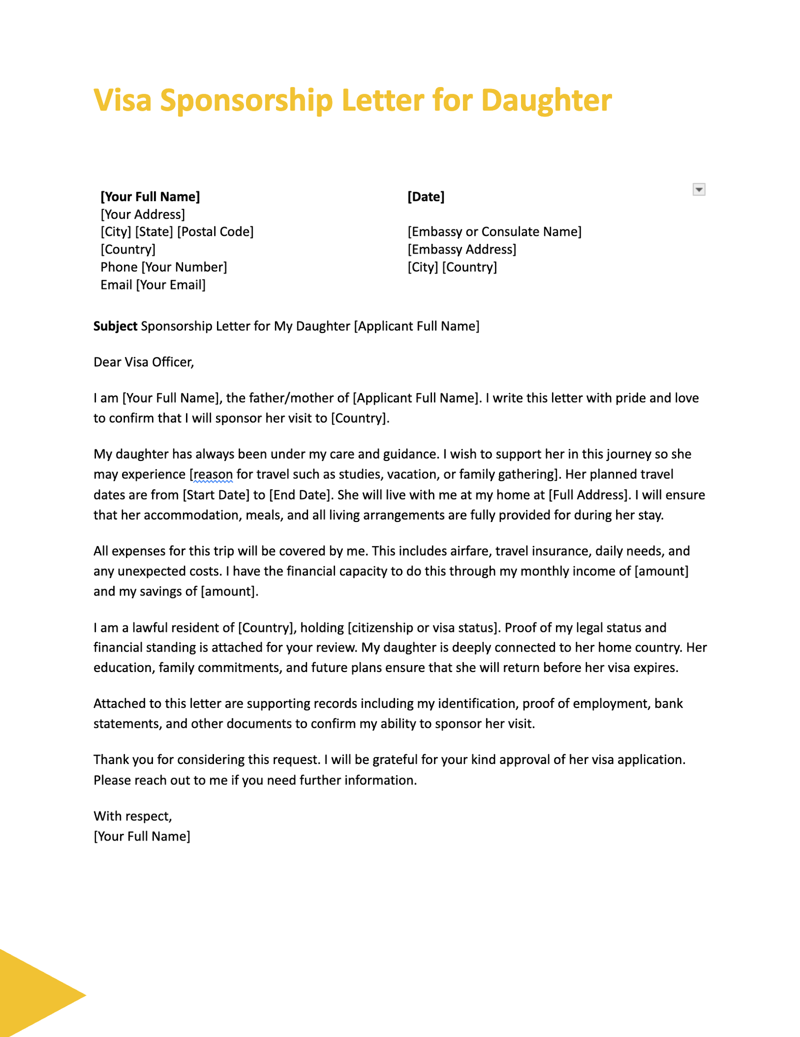 Visa Sponsorship Letter for Daughter