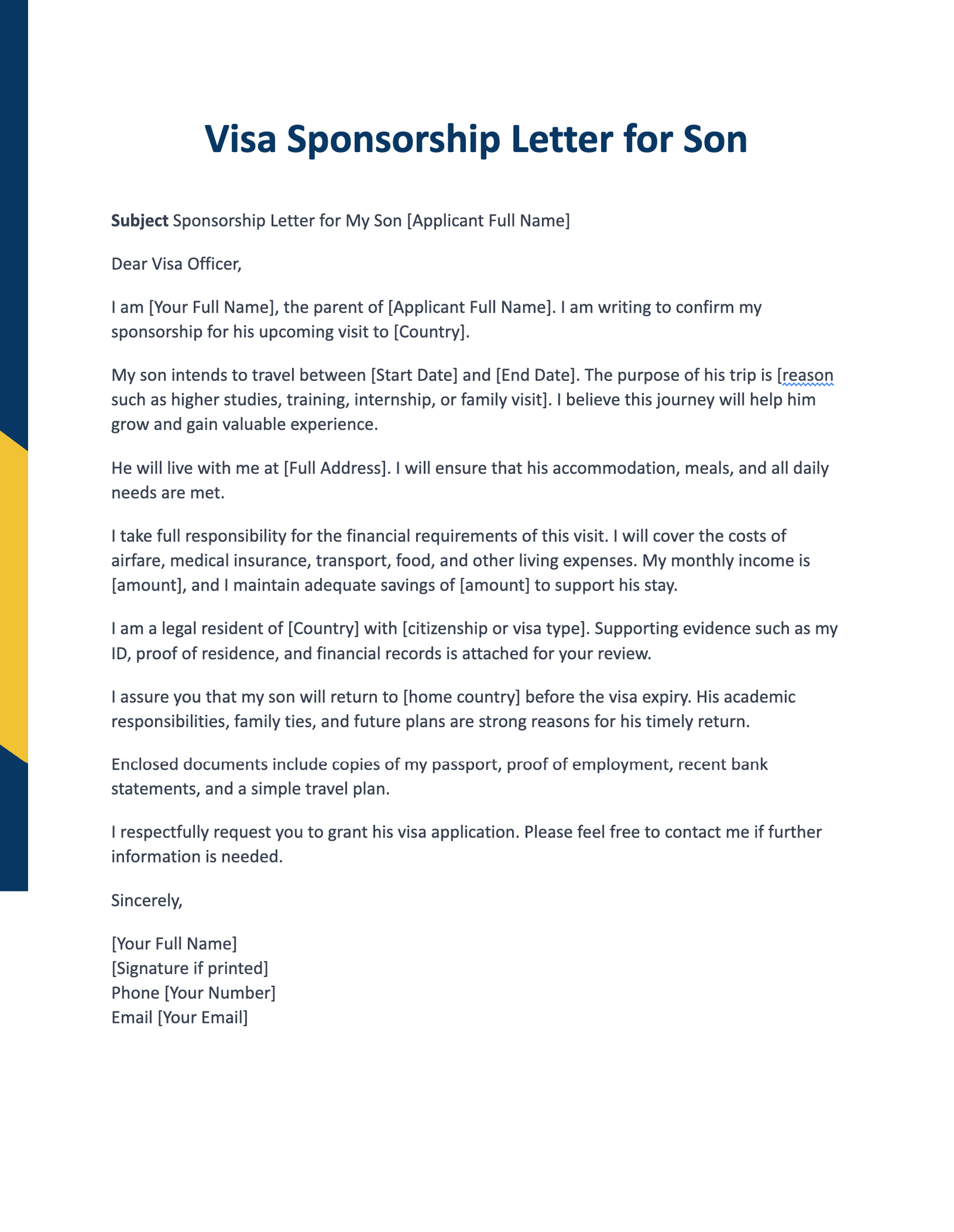 Visa Sponsorship Letter for Son