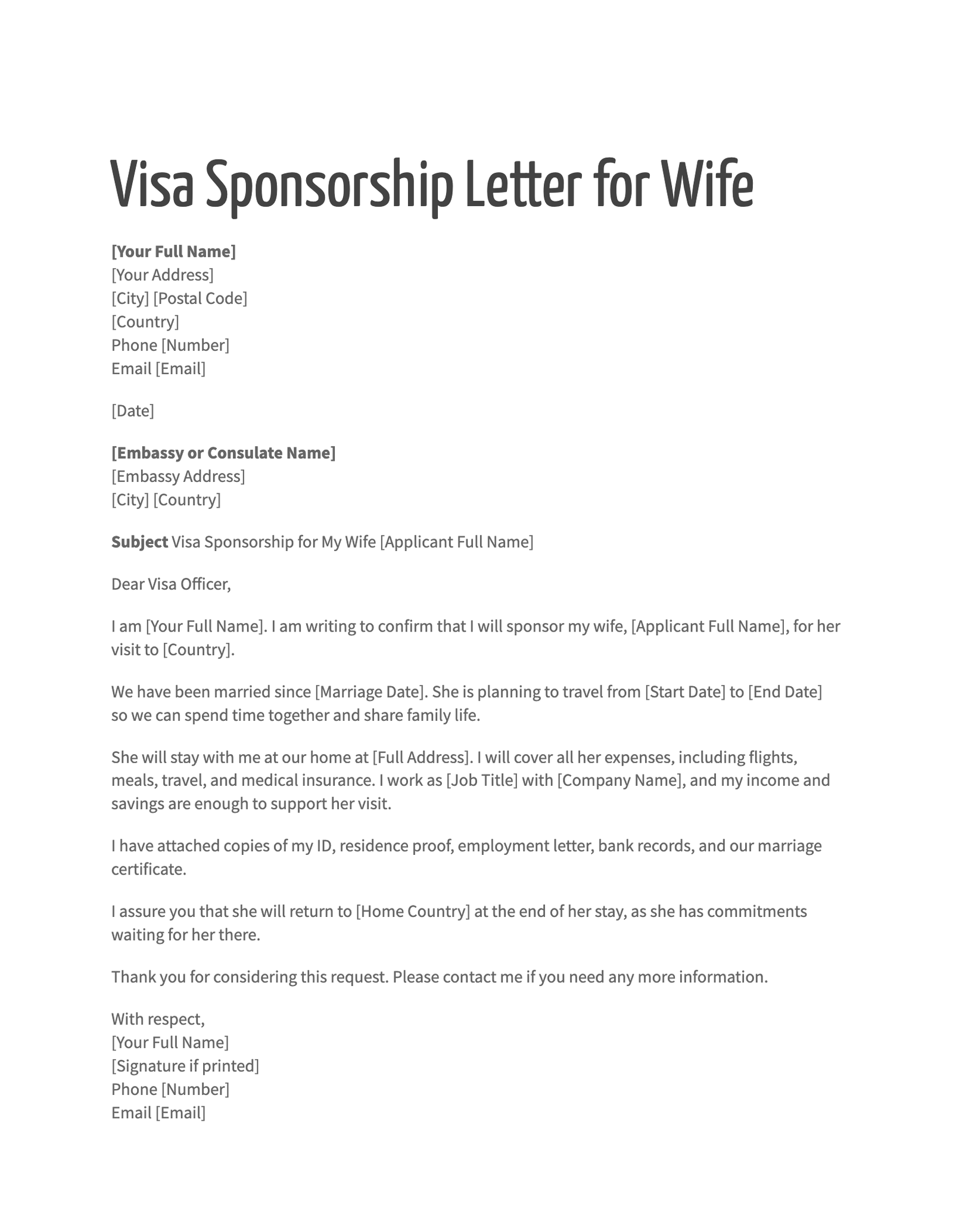 Visa Sponsorship Letter for Wife