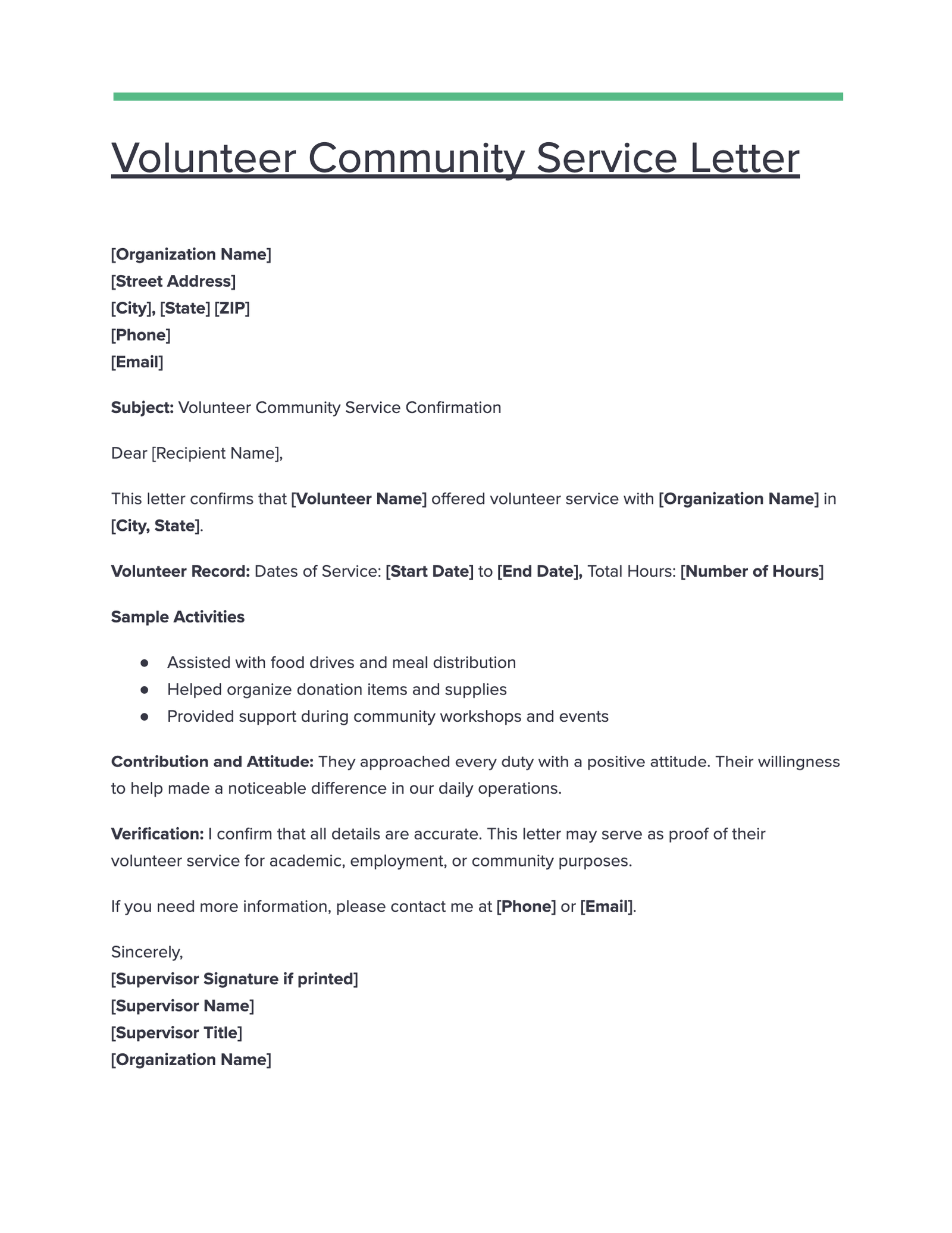 Volunteer Community Service Letter
