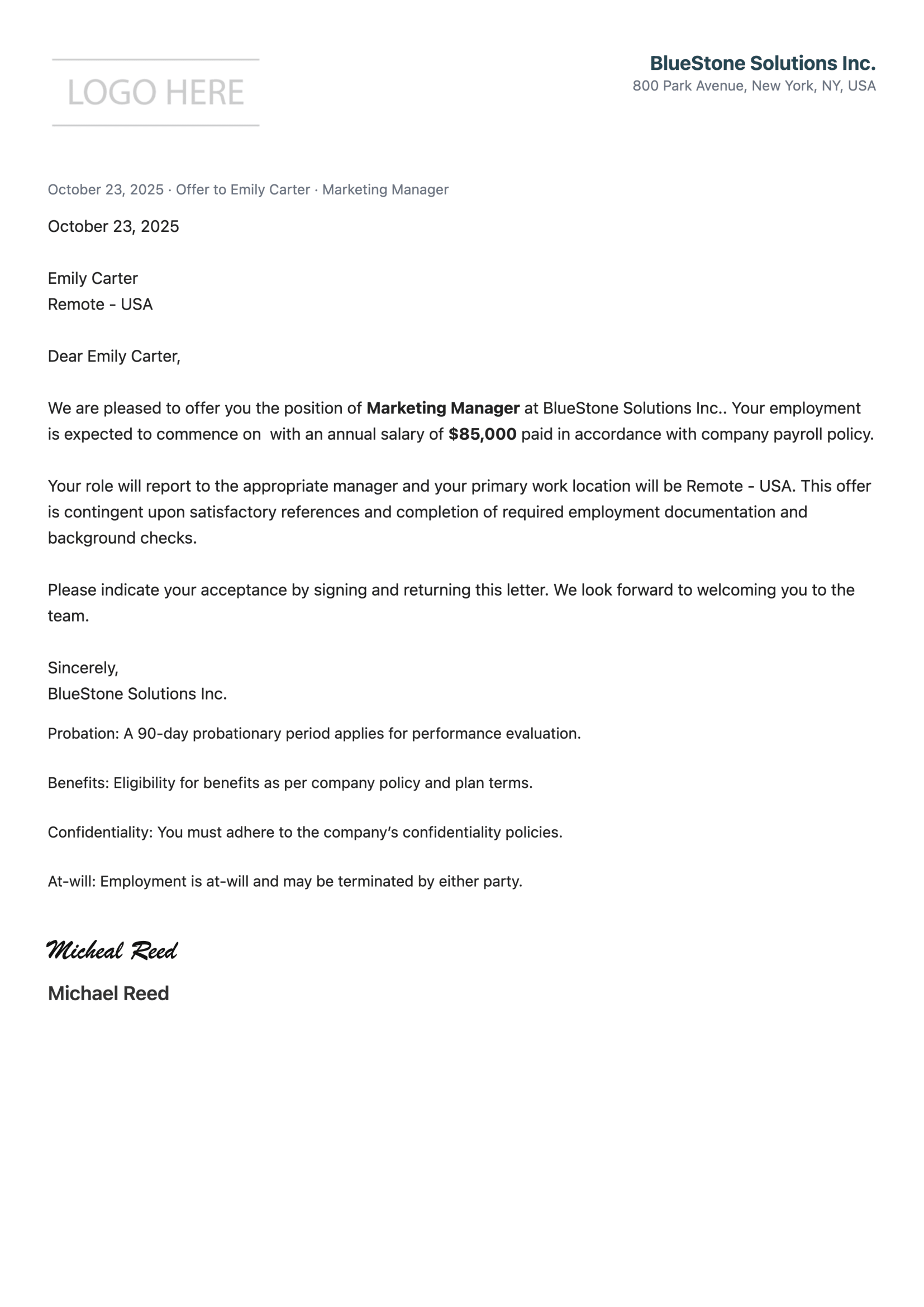 Free Offer Letter Generator | Create & Download PDF
